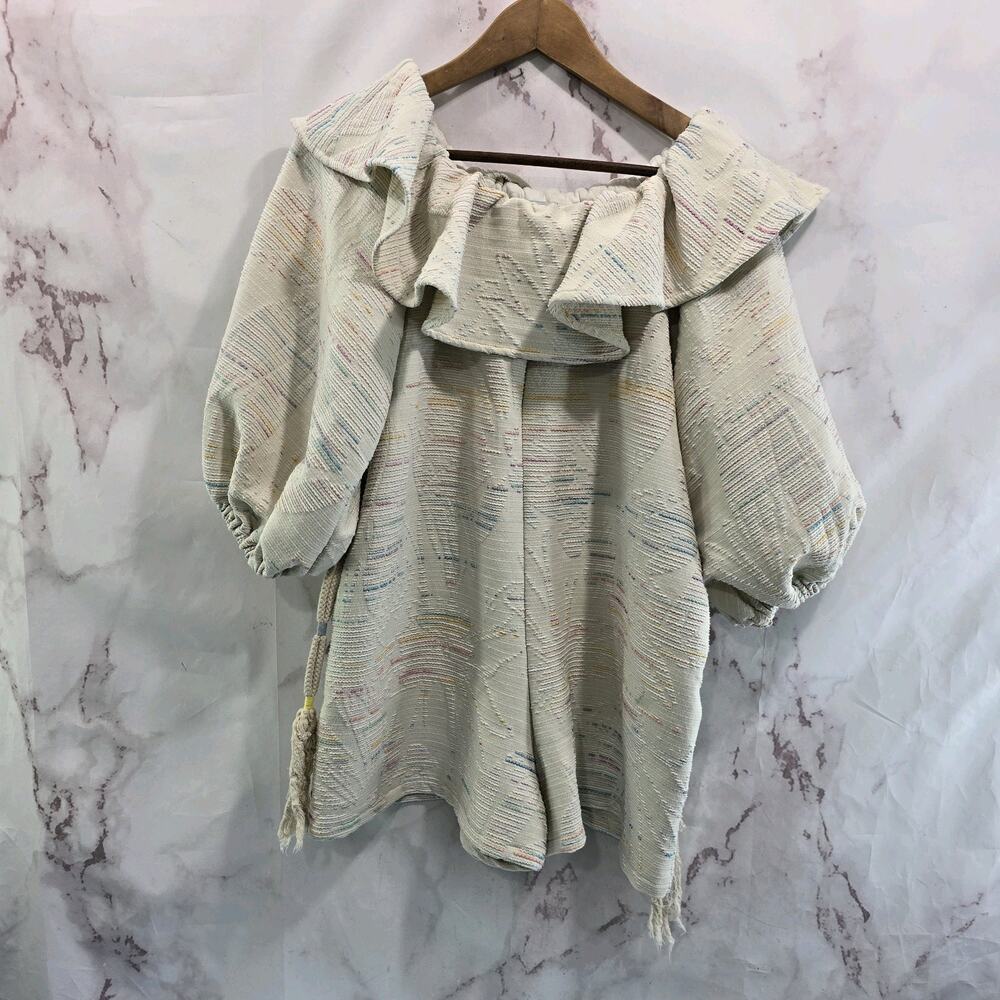 Something Navy Romper Womens Small Cream Off Shoulder Rainbow Fleck Lines